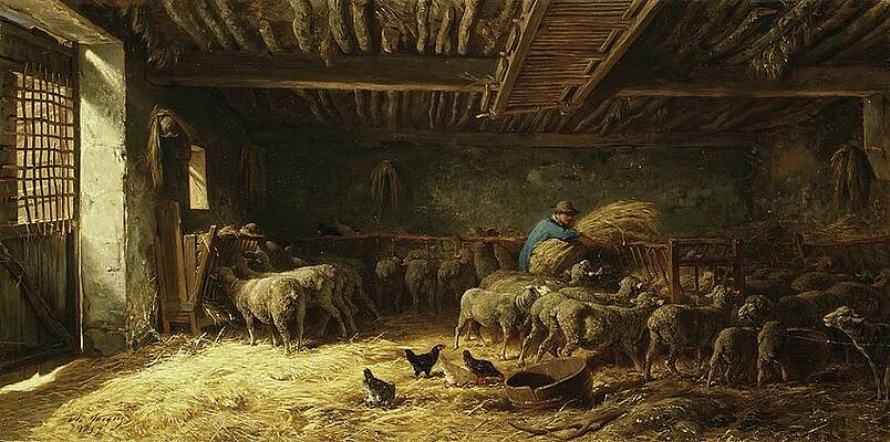 Chicken Painting - The Sheepfold by Charles Jacque