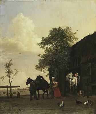 Chicken Painting - Figures With Horses By A Stable by Paulus Potter
