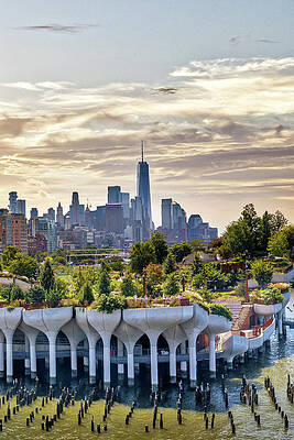 Hudson New York Wall Art featuring the digital art New York City, Manhattan, Little Island With Pilings At Pier 55 And Freedom Tower In The Background #4 by Lumiere