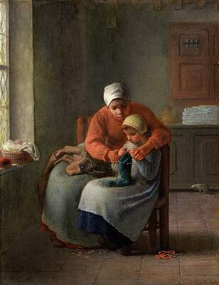 Mother Teaching Child to Knit Painting