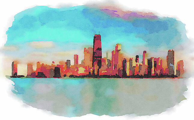 Architecture Painting - Chicago Skyline At Sunset Viewed From North Avenue Beach #5 by Miroslav Liska