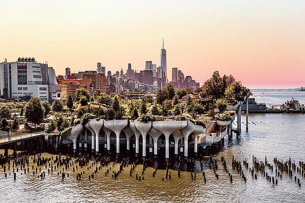 Hudson New York Wall Art featuring the digital art New York City, Manhattan, Little Island With Pilings At Pier 55 And Freedom Tower In The Background #5 by Lumiere