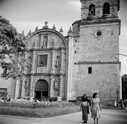 Historic Church Facade with Walking Women Wall Art