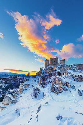 Wall Art featuring the digital art Italy, Abruzzo, L'aquila District, Gran Sasso National Park, Calascio, Medieval Castle Or Rocca Calascio At Sunset On A Winter Evening With The Hill Full Of Snow #6 by Maurizio Rellini
