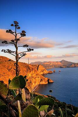 Wall Art featuring the digital art Italy, Sicily, Messina District, Mediterranean Sea, Tyrrhenian Sea, Aeolian Islands, Lipari Islands, Lipari, View From Belvedere Quattrocchi Towards Valle Muria Beach, Vulcano Island In Background #6 by Antonino Bartuccio