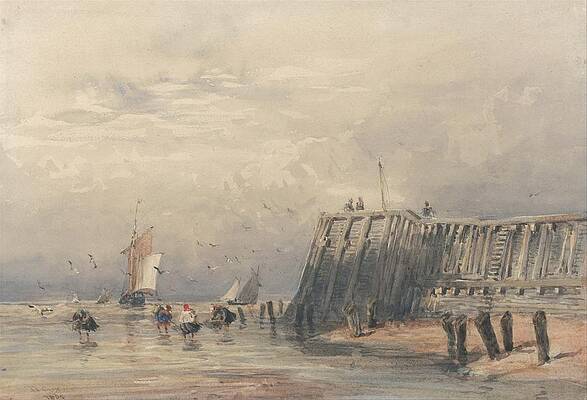 David Cox Painting - Sailing Barges And Shrimpers Off A Pier by David Cox