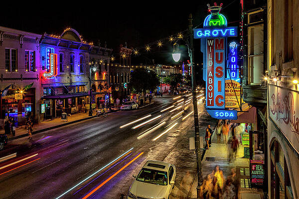 North America Wall Art featuring the digital art 6th Street At Night, Austin, Texas by Milton Photography