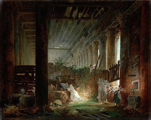 Hubert Robert Painting - A Hermit Praying In The Ruins Of A Roman Temple by Hubert Robert