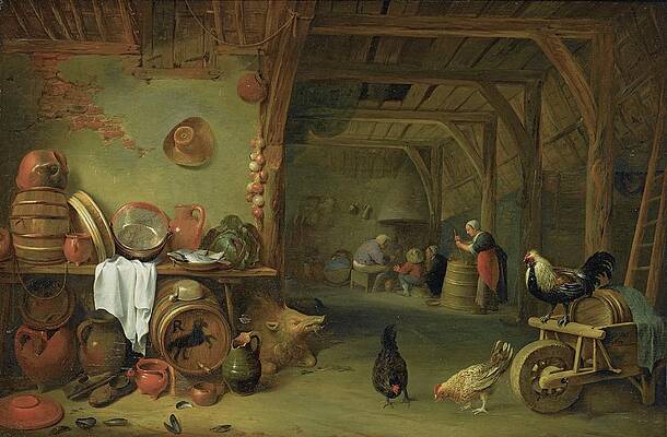 Chicken Painting - A Barn Interior With A Still Life Of Fish On A Plate by Pieter De Bloot