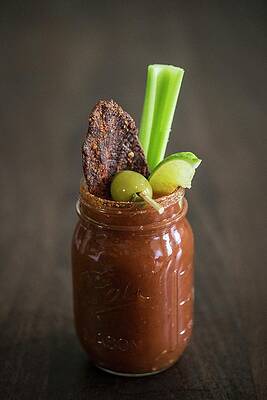 A Bloody Mary With Beef Jerky, An Olive, Lime And A Stick Of Celery Print