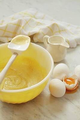 A Bowl Of Cake Mix Next To Eggs, One Cracked Open Print