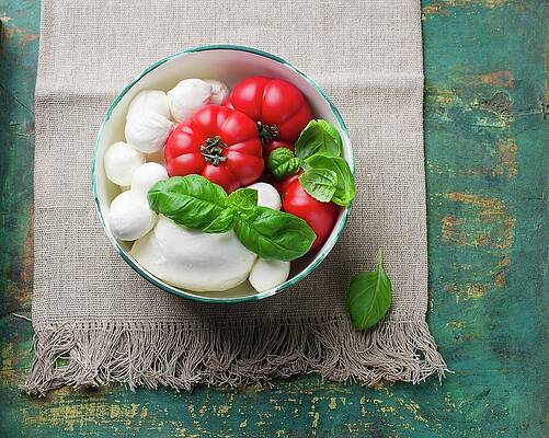 A Bowl Of Tomatoes, Mozzarella And Basil Print