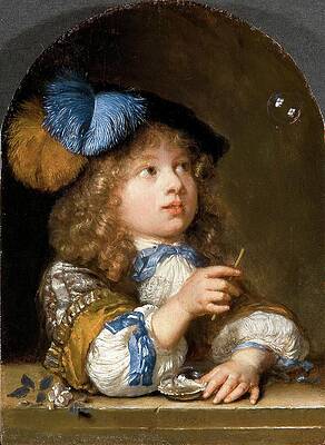 17th Century Painting - A Boy Blowings Bubbles by Caspar Netscher