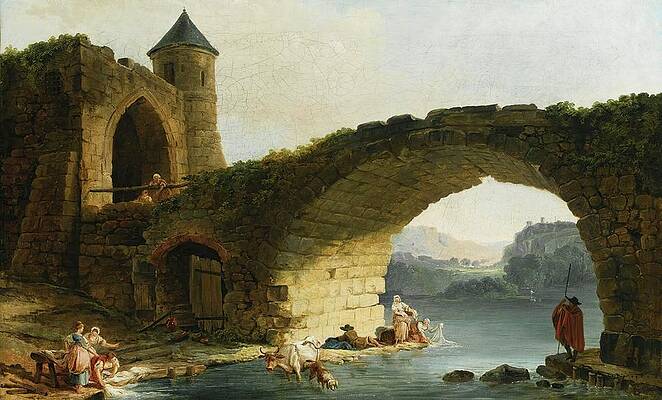 Hubert Robert Painting - A Capriccio River Landscape With Washerwomen Near A Ruined by Hubert Robert