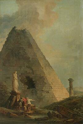 Hubert Robert Painting - A Capriccio With The Pyramid Of Cestius And Travellers by Hubert Robert