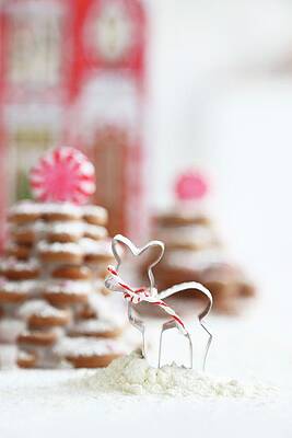 A Cookie Cutter In Front Of Gingerbread Biscuit Trees Decorated With Icing Sugar And Peppermint Bonbons Print