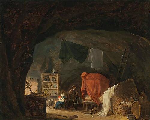 Hubert Robert Painting - A Family In A Cave Interior by Hubert Robert