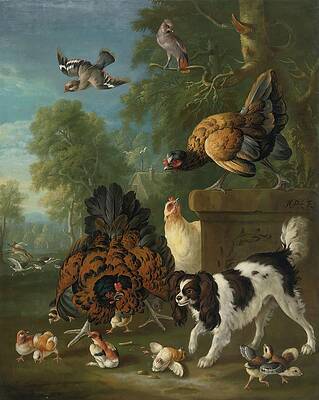 Chicken Painting - A Family Of Chickens Fending Off A Spaniel In A Landscape by Pieter Casteels Iii