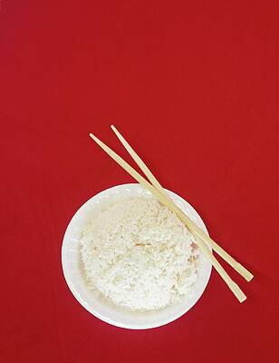 A Rice Bowl And Chopsticks On A Red Surface Print