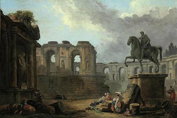 Hubert Robert Painting - A Roman Capriccio With Washerwomen By The Statue Of Marcus by Hubert Robert