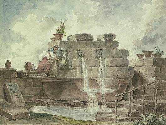 Hubert Robert Painting - A Roman Fountain With A Woman Collecting Water by Hubert Robert