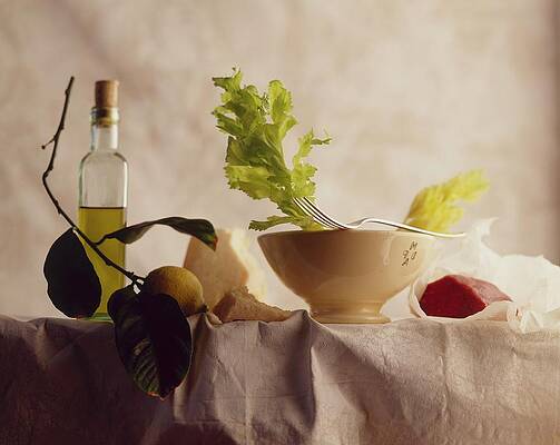 A Still Life Featuring Cheese, Vegetables And Meat Print
