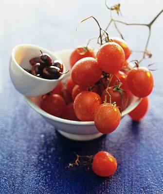 A Still Life Featuring Tomatoes And Olives In Bowls Print