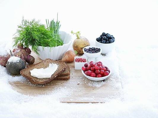 A Still Life Of Berries, Wholemeal Bread And Herbs Print