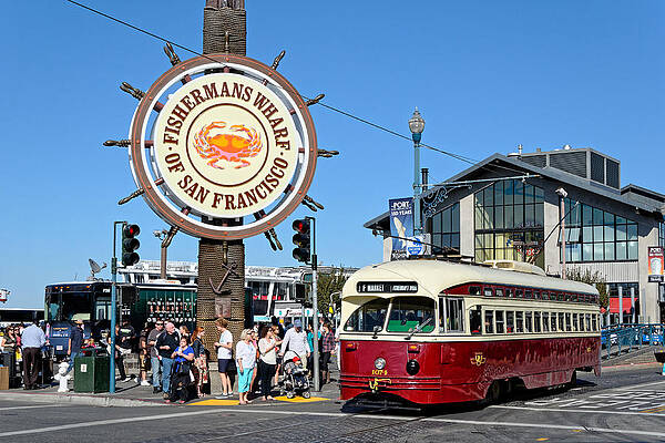 Vibrant Photograph - A Streetcar Named Toronto -- Streetcar Under Fisherman's Wharf Sign In San Francsico, California by Darin Volpe