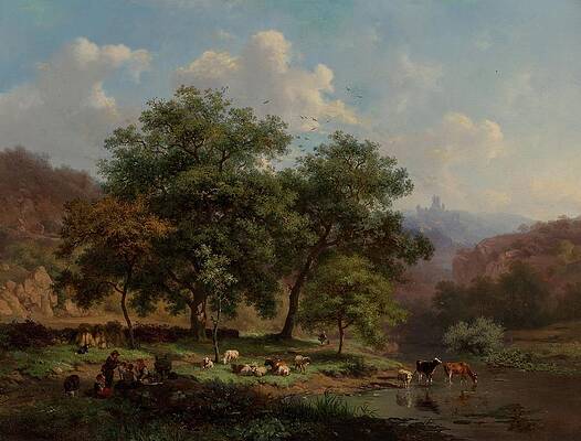 Flock Painting - A Summer Landscape With Figures Resting With Their Flock by Frederik Marinus Kruseman