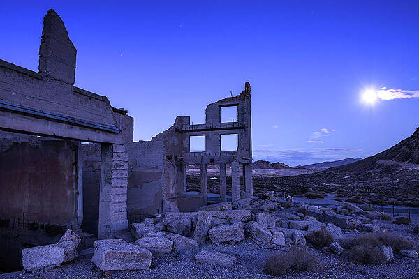 Vintage Wall Art featuring the photograph Abandoned Building In Rhyolite, Nevada At Night With Full Moon by Miroslav Liska