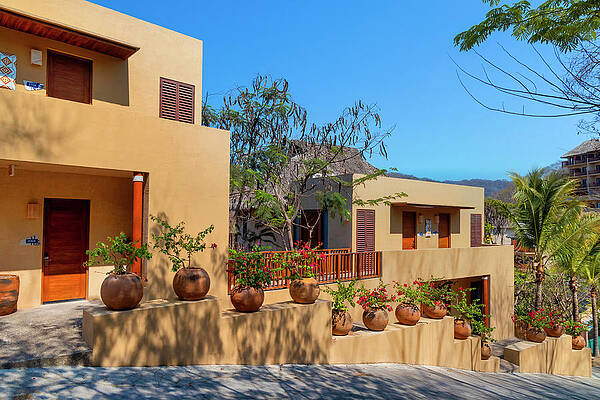 Facade Wall Art featuring the digital art Adobe Facade, Outdoor Planters. by Claudia Uripos