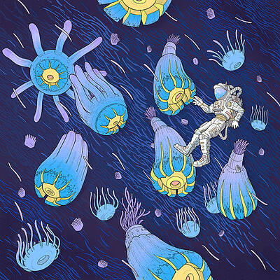 Astronaut Drifting Among Alien Creatures Wall Art