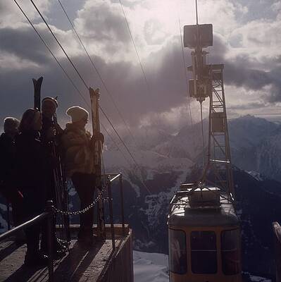 Skiers at Mountain Cable Car Station Wall Art
