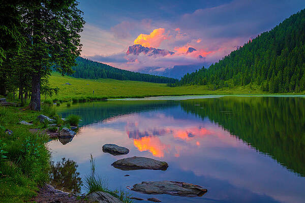 Impressive Wall Art featuring the digital art Alps, Calaita Lake, Evening, Italy by Olimpio Fantuz