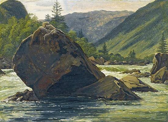 Martinus Rorbye Painting - An Erratic Rock In The Rapids by Martinus Rorbye