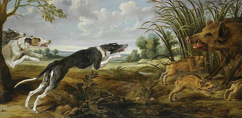 Dog Painting - An Extensive Landscape With Three Hounds Surprising A Wild by Paul De Vos