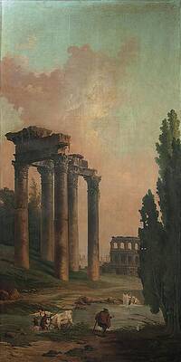 Hubert Robert Painting - Architectural Capriccio With Ruins Of The Temple Of Saturn by Hubert Robert