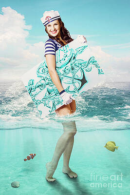 Wall Art featuring the digital art Australian Sailor Pin-up Woman Holding Sign Board by Jorgo Photography