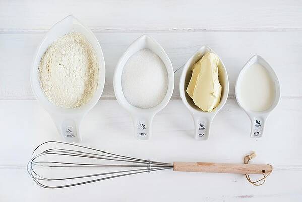 Baking Ingredients; Bowl Of Flour; Eggs; Whisk Print