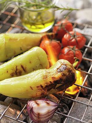 Barbecued Chillies, Onions And Tomatoes On The Barbecue Print