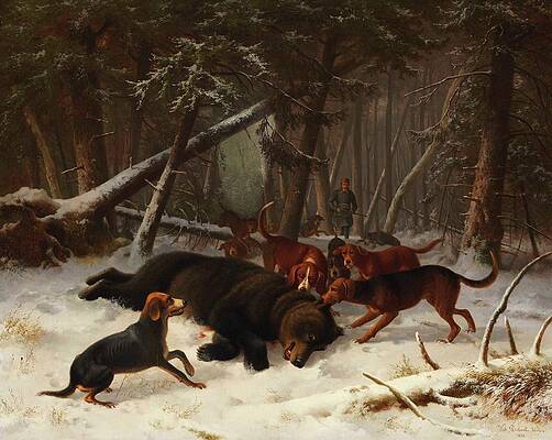 Bear Confrontation in Snowy Forest Painting