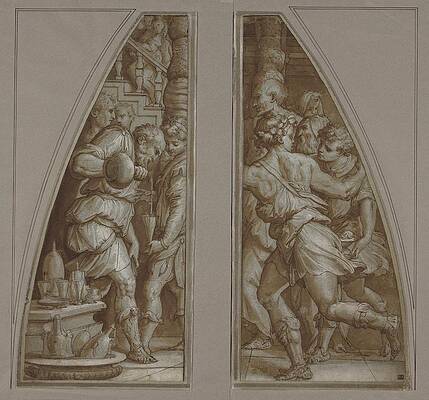 Monochrome Wall Art featuring the drawing Bearded Man Filling A Glass And Youth Running by Giorgio Vasari