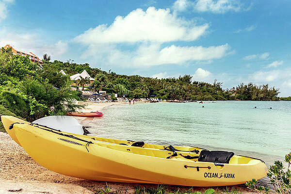 Yellow Wall Art featuring the digital art Bermuda, Yellow Kayaks Near Grotto Bay Beach Resort & Spa by Lumiere