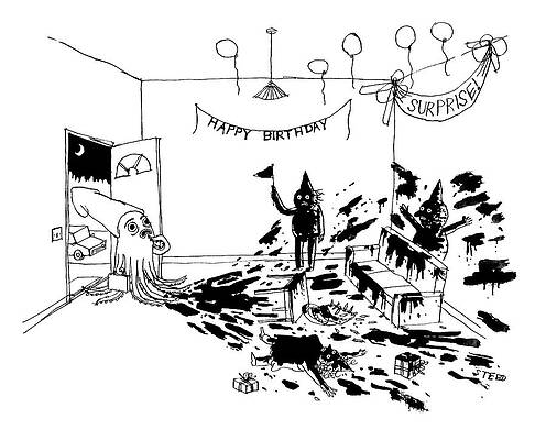 Surreal Birthday Party Chaos Drawing