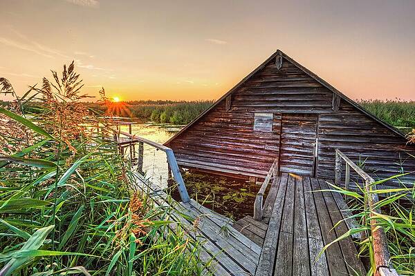 Atmospheric Wall Art featuring the digital art Boathouse On Lake Federsee At Sunset by Reinhard Schmid