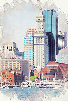 Boston Skyline with Historic Tower Painting
