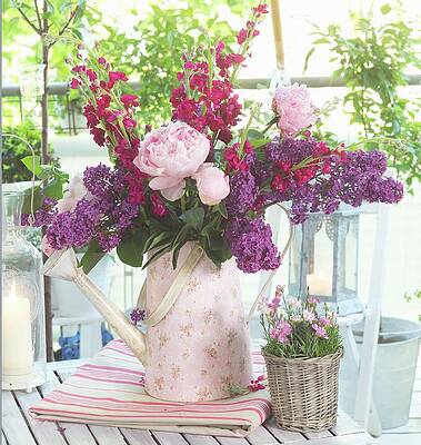 Bouquet Of Garden Flowers With Peonies, Stocks And Lilac In Retro Watering Can With Floral Pattern Print