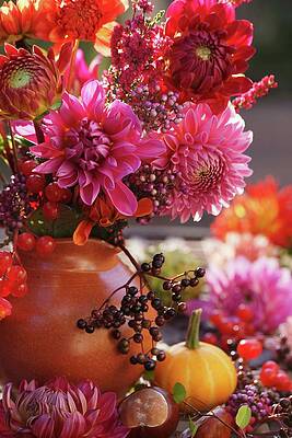 Bouquet Of Red Dahlias With Sprig Of Berries In Vase Print