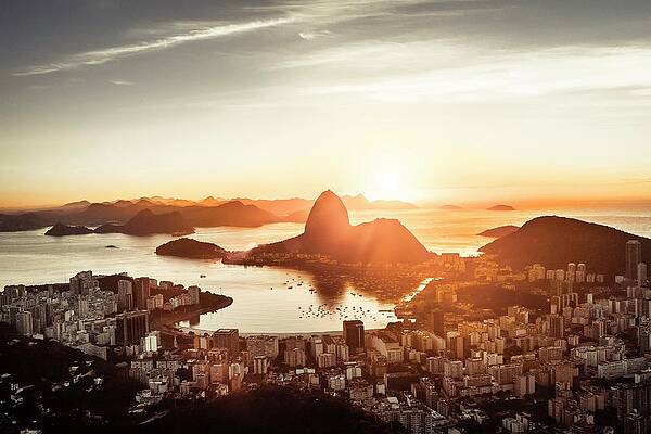 Wall Art featuring the digital art Brazil, Rio De Janeiro, Sugarloaf Mountain, Baia De Guanabara, Flamengo, Botafogo And Sugarloaf Mountain At Sunrise by Antonino Bartuccio